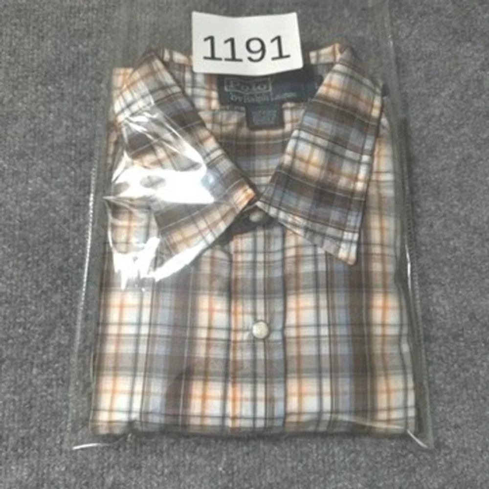 Polo Ralph Lauren Shirt Large Plaid S/S Snap Button Down Cotton Brown Blue L
